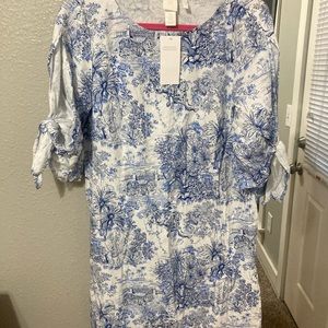 H&M linen toile inspired print mini dress with tied sleeve detail